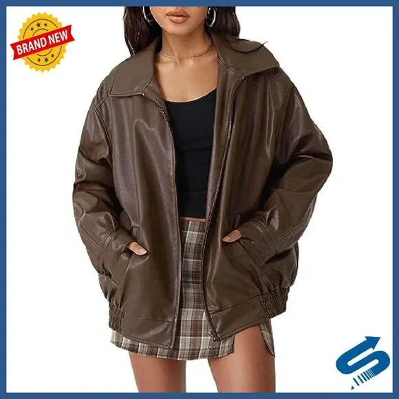 Oversized Faux Leather Motorcycle Jacket - Zipper Closure Fall Coat